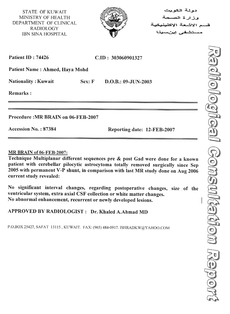 MRI Report February 12, 2007